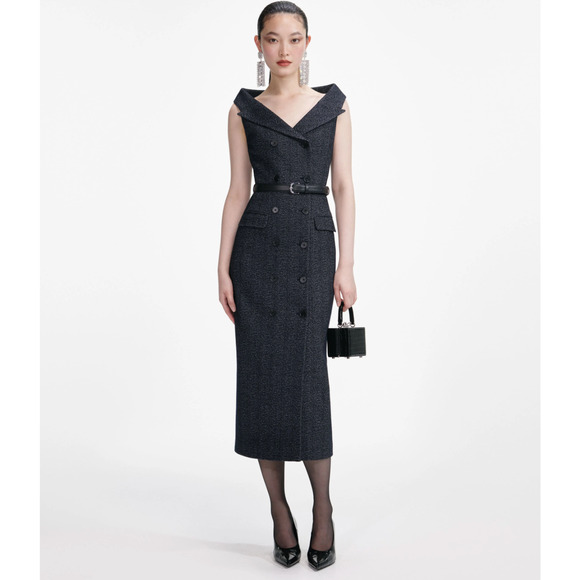 Self-Portrait Navy Herringbone Wool Midi Dress US 8 - Picture 1 of 11